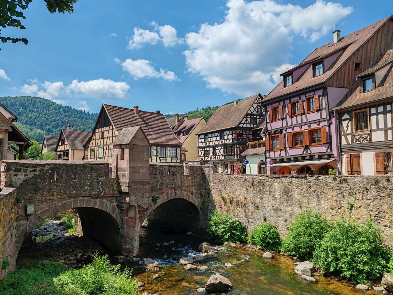 Medieval bridge and half-timbered houses in Kaysersberg, Alsace, France